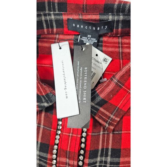 NWT Sanctuary Rockstar Rhinestone Stud Boyfriend Red XS bling plaid button up - Picture 5 of 9